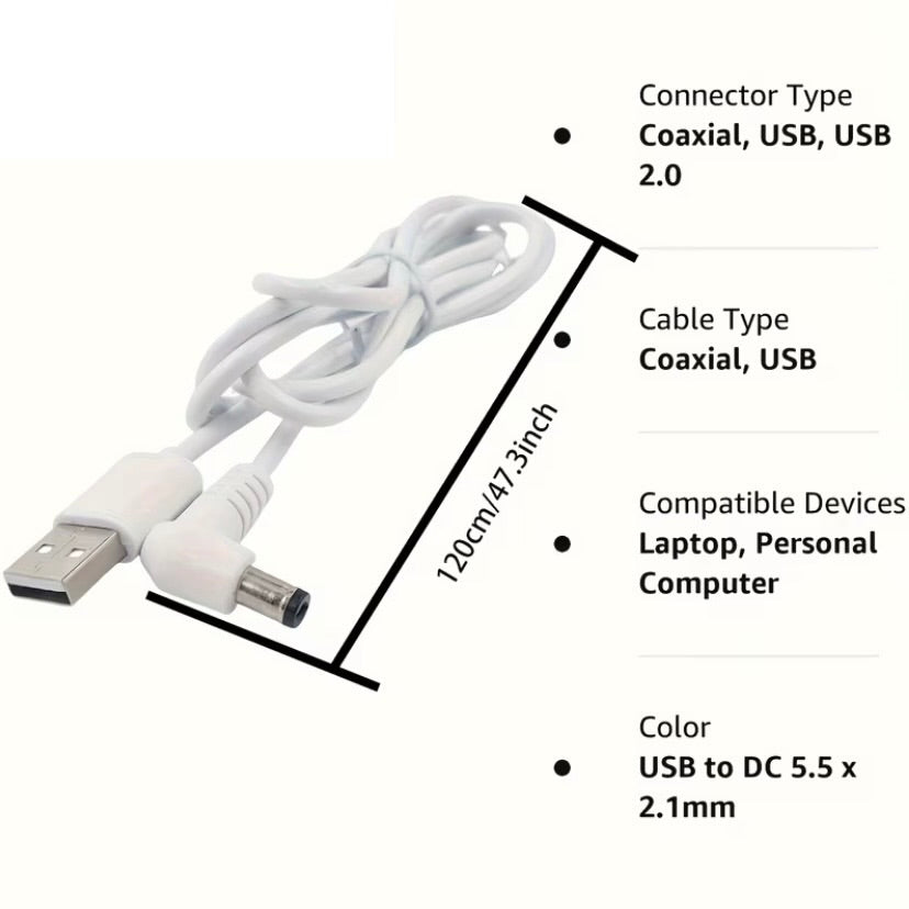 White 1m 9eight5 barrel jack power cable with elbow connector, 5.5mm x 2.1mm for electronics charger connection
