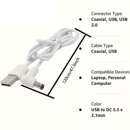 White 1m 9eight5 barrel jack power cable with elbow connector, 5.5mm x 2.1mm for electronics charger connection
