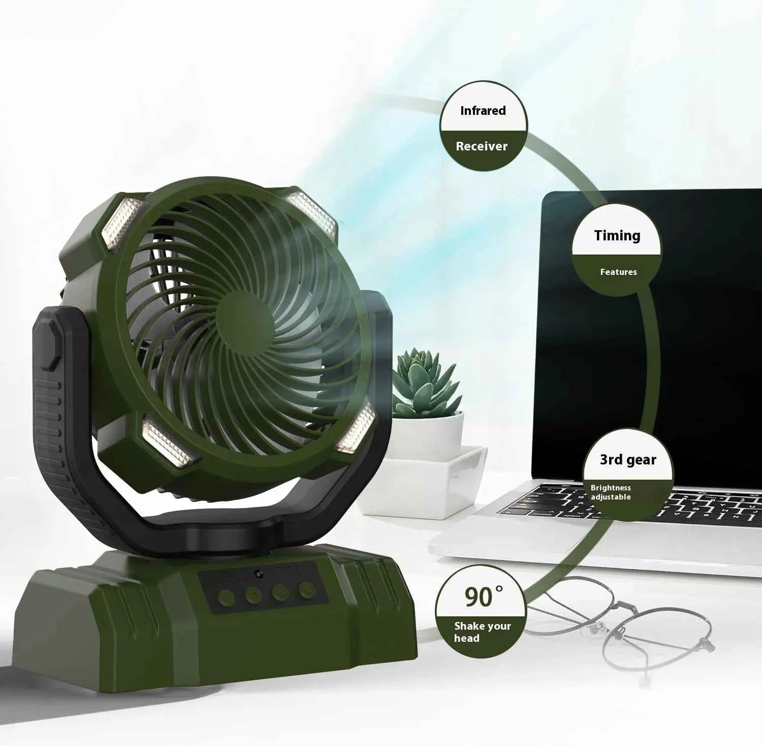 Outdoor Camping Fan with Power Bank and LED Light - Portable 3-Speed Fan