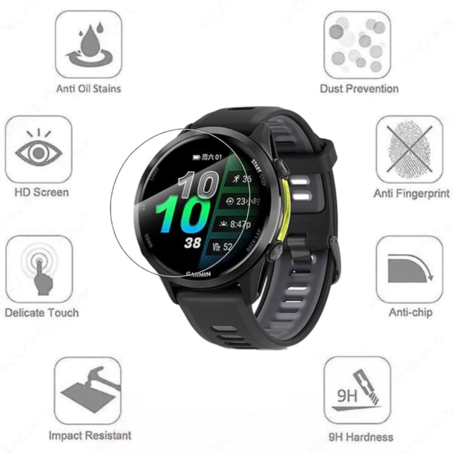 Clear screen protector for Garmin Forerunner 970 watch, protective film from That Watch Shop, showing the transparent cover on the device