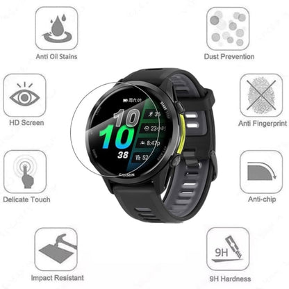 Clear screen protector for Garmin Forerunner 970 watch, protective film from That Watch Shop, showing the transparent cover on the device