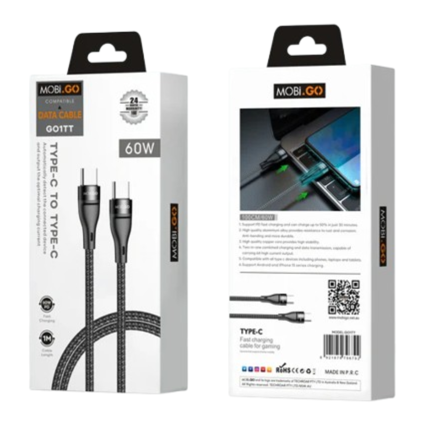 Mobigo 1m 65W Type-C to C cable GO1TT
