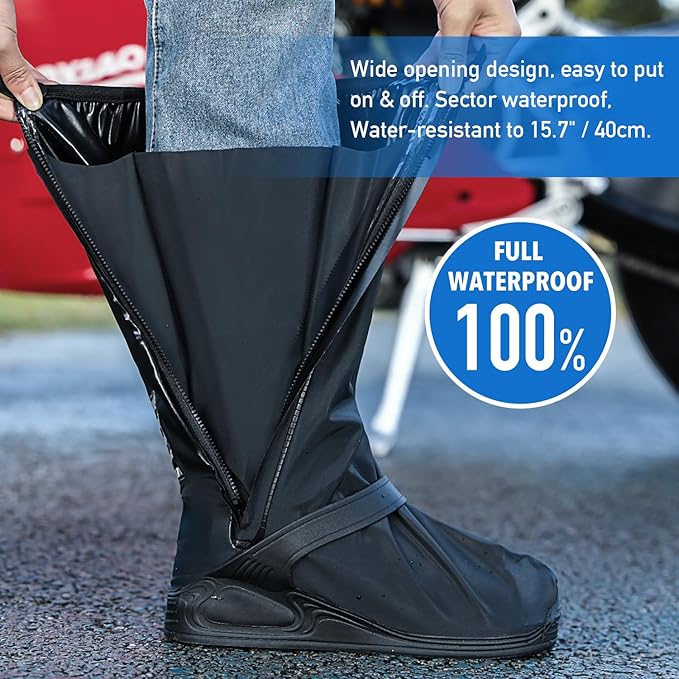 ECOTREK waterproof shoe covers with reflective strip, rain boot protectors for men and women, designed to keep shoes dry in wet weather.