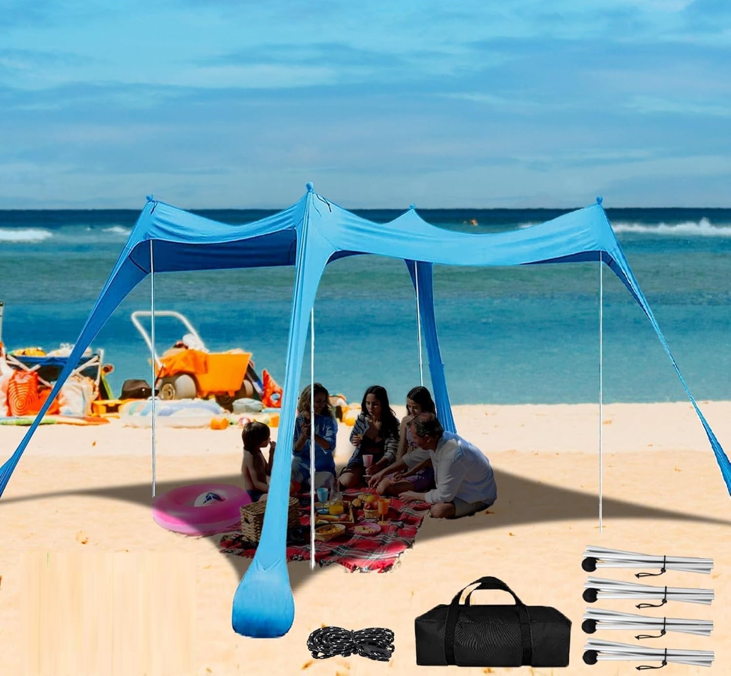 Beach Canopy with 4 Aluminium Poles – UPF 50+ Large Portable Sun Shelter (300 × 300 cm) ECOTREK