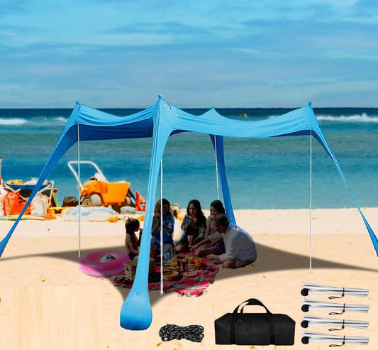 Beach Canopy with 4 Aluminium Poles – UPF 50+ Large Portable Sun Shelter (300 × 300 cm) ECOTREK