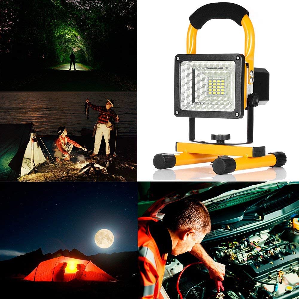 Rechargeable portable LED work light with stand, 30 LEDs, 50W, water-resistant, black and yellow design from dealonlinenz.