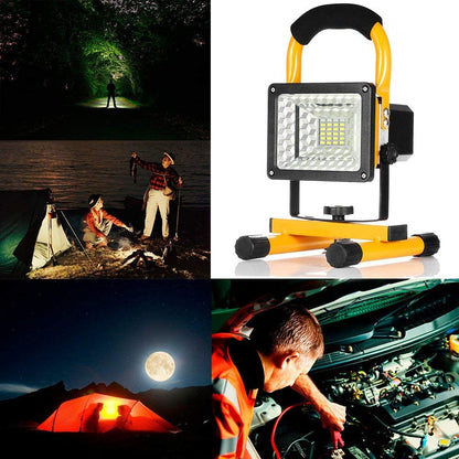 Rechargeable portable LED work light with stand, 30 LEDs, 50W, water-resistant, black and yellow design from dealonlinenz.