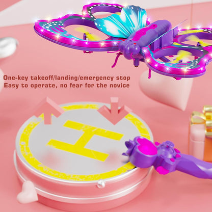 2.4GHz RC butterfly drone with quadcopter design, 3D flip, gravity sensing, and headless mode for easy flying.