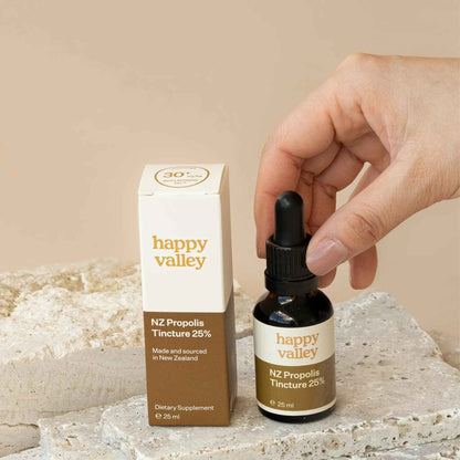 Bottle of Happy Valley Honey NZ Propolis Tincture 25%, a natural herbal extract for immune support.