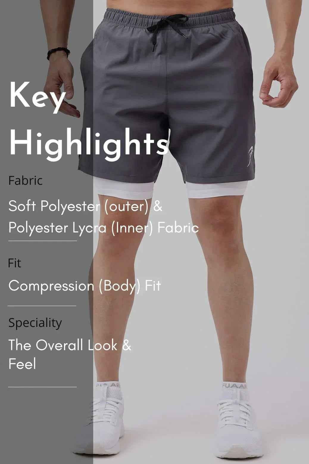 2 in 1 Compression Shorts Grey with White