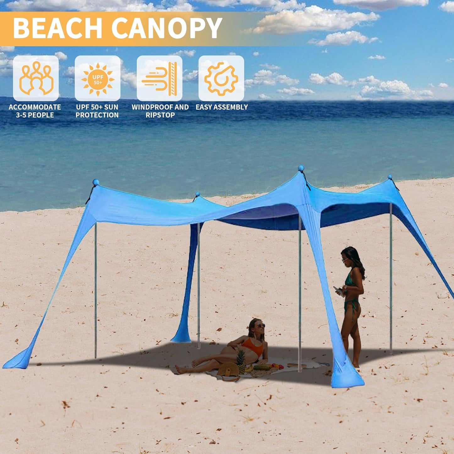 Beach Canopy with 4 Aluminium Poles – UPF 50+ Large Portable Sun Shelter (300 × 300 cm) ECOTREK