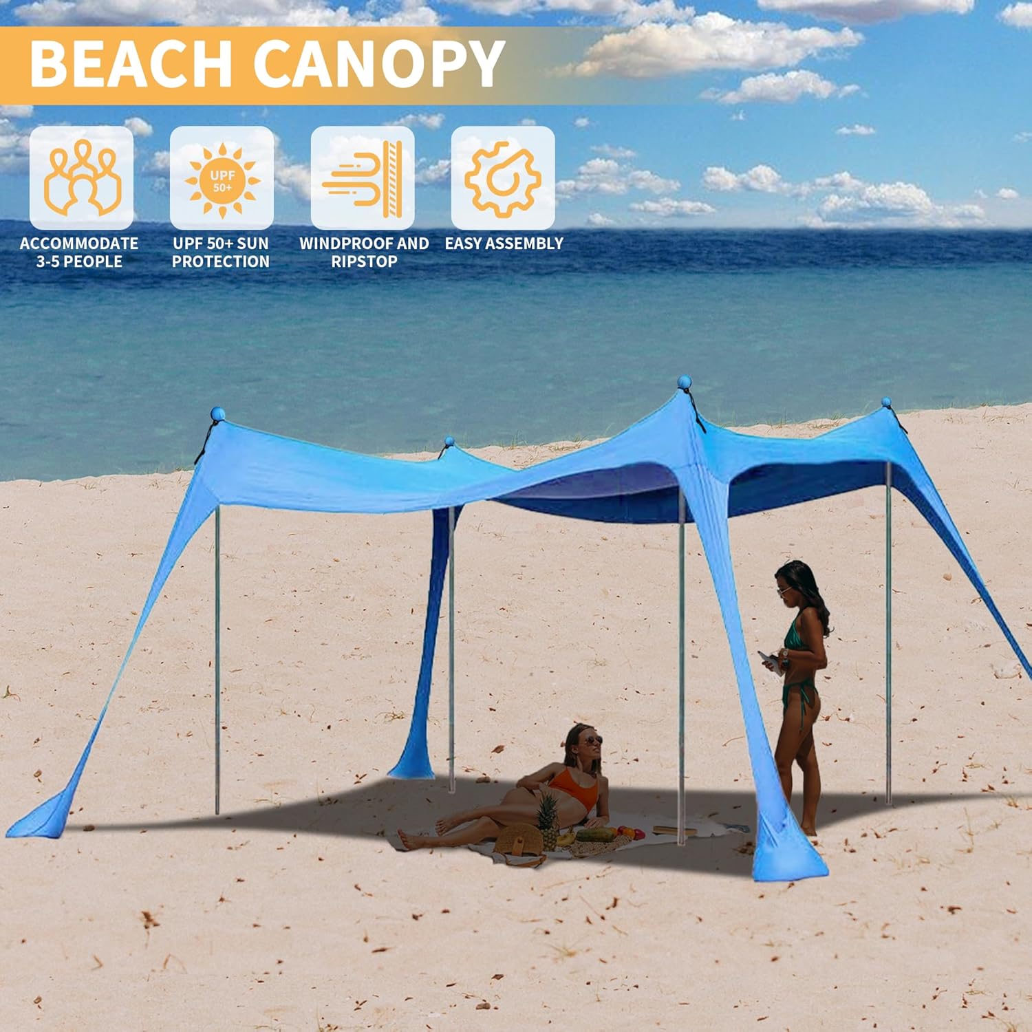 Beach Canopy with 4 Aluminium Poles – UPF 50+ Large Portable Sun Shelter (300 × 300 cm) ECOTREK