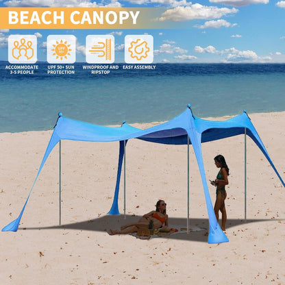 Beach Canopy with 4 Aluminium Poles – UPF 50+ Large Portable Sun Shelter (300 × 300 cm) ECOTREK