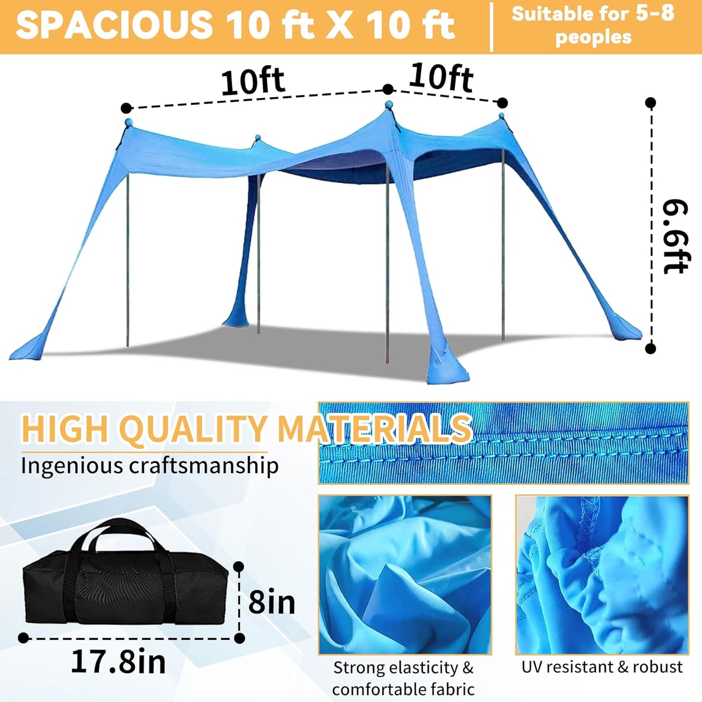 Beach Canopy with 4 Aluminium Poles – UPF 50+ Large Portable Sun Shelter (300 × 300 cm) ECOTREK