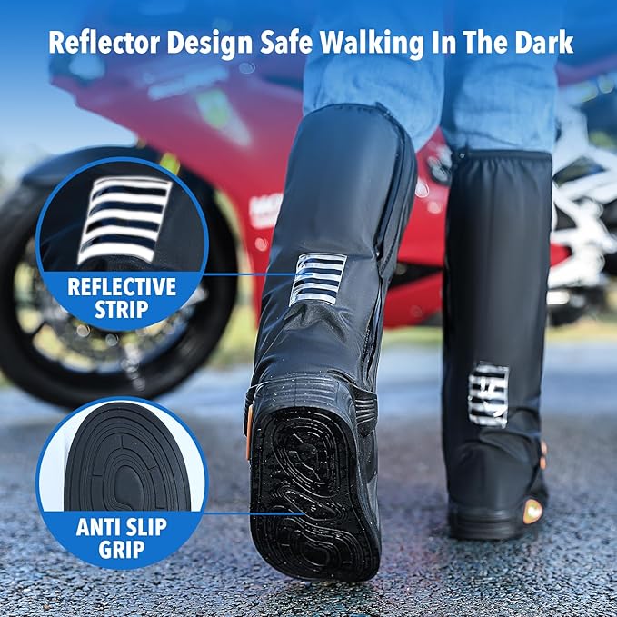 ECOTREK waterproof shoe covers with reflective strip, rain boot protectors for men and women, suitable for wet weather conditions.