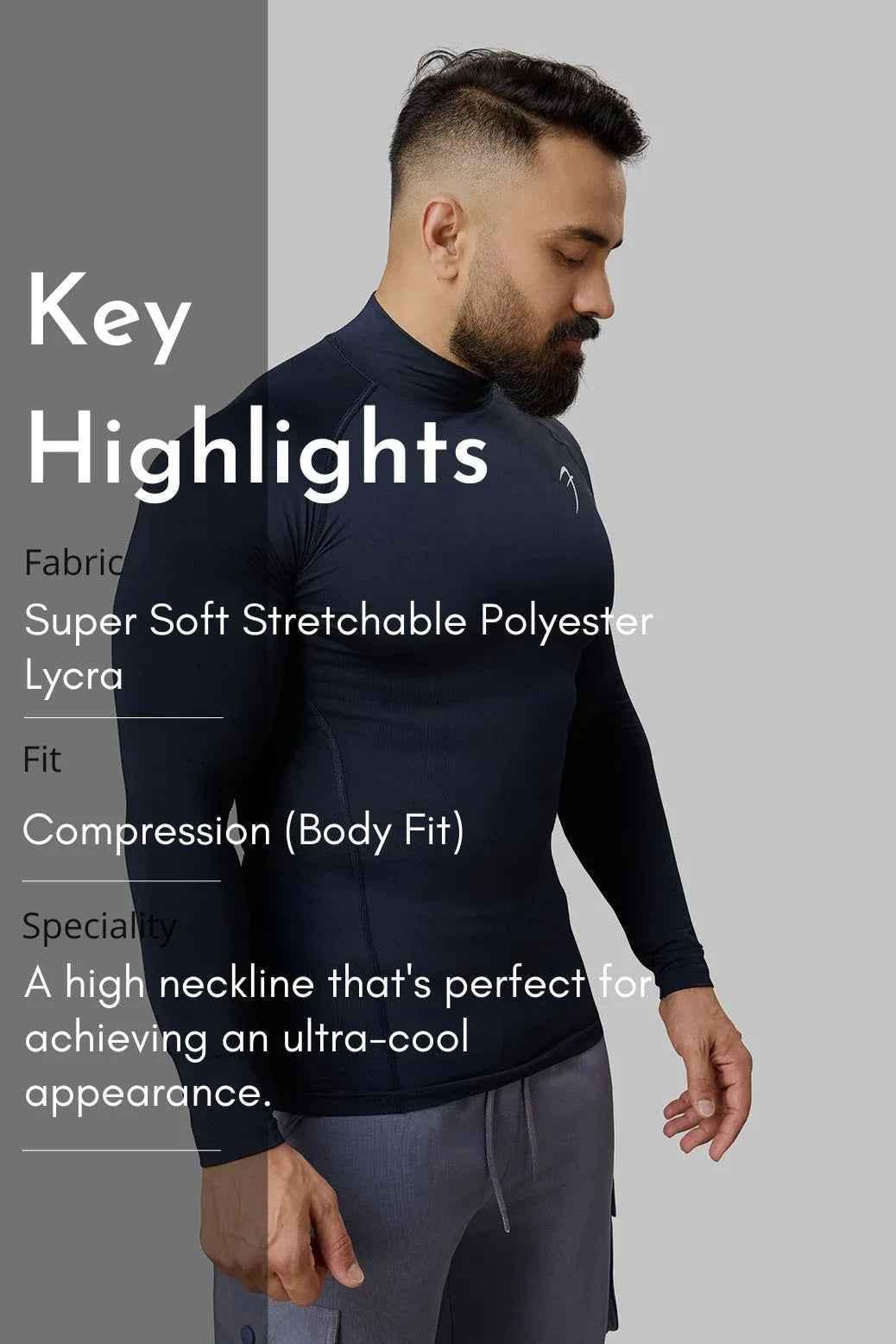 High Neck Compression Full Sleeves T-shirt Navy