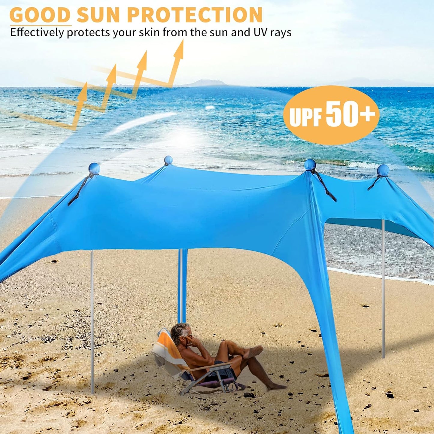 Beach Canopy with 4 Aluminium Poles – UPF 50+ Large Portable Sun Shelter (300 × 300 cm) ECOTREK