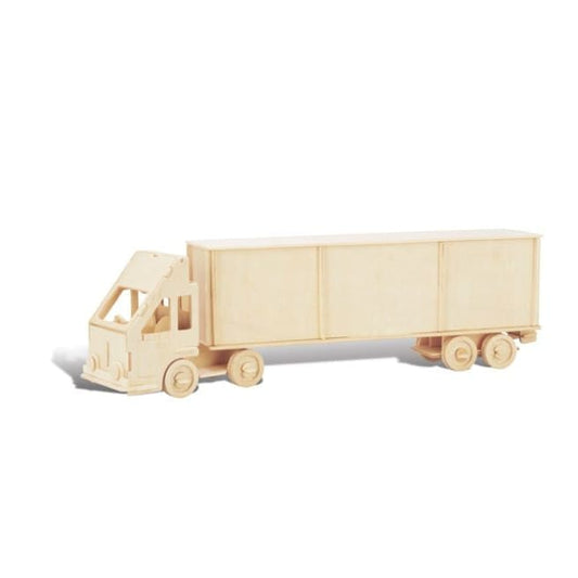 3D puzzle of a semi truck by 9eight5, showing detailed plastic model with realistic truck features and vibrant colors.