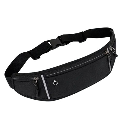 Black 9eight5 running waist bag with 45cm x 11cm size, designed for active wear and outdoor activities.
