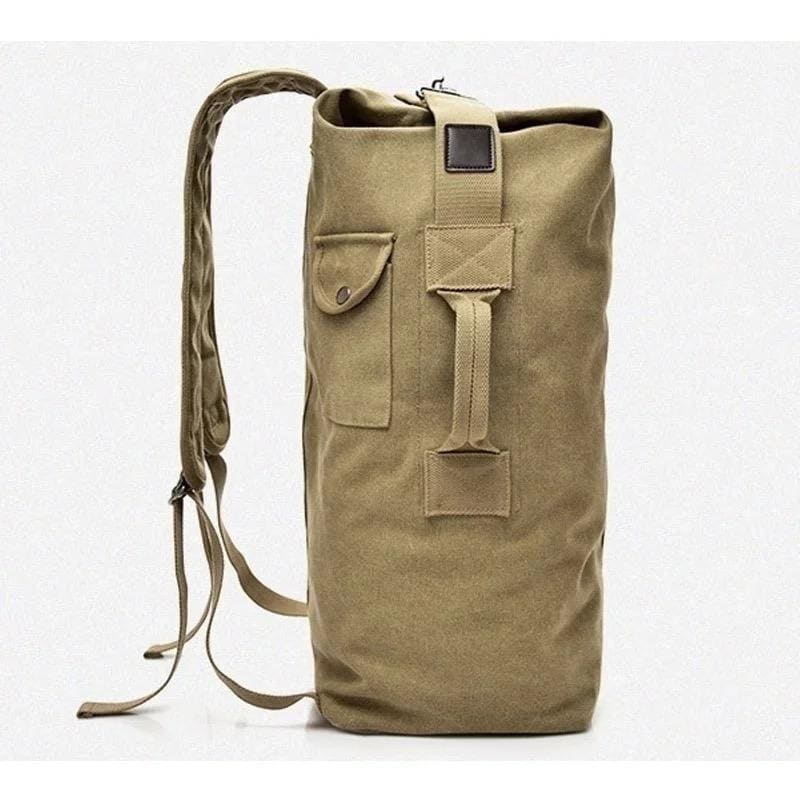 Khaki 9eight5 backpack with military-style design, durable fabric, and multiple compartments, measuring 55cm x 30cm x 20cm.
