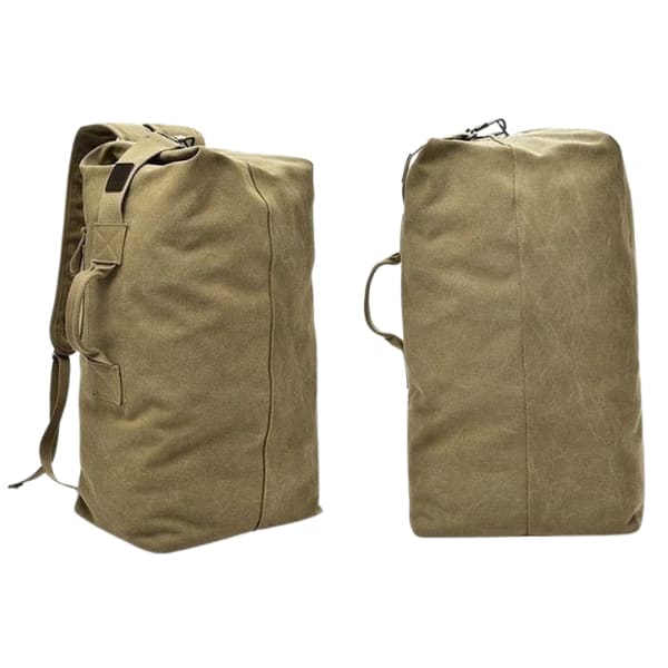 Khaki 9eight5 backpack with duffel bag style, military design, 55cm x 30cm x 20cm, featuring sturdy straps and spacious compartments.