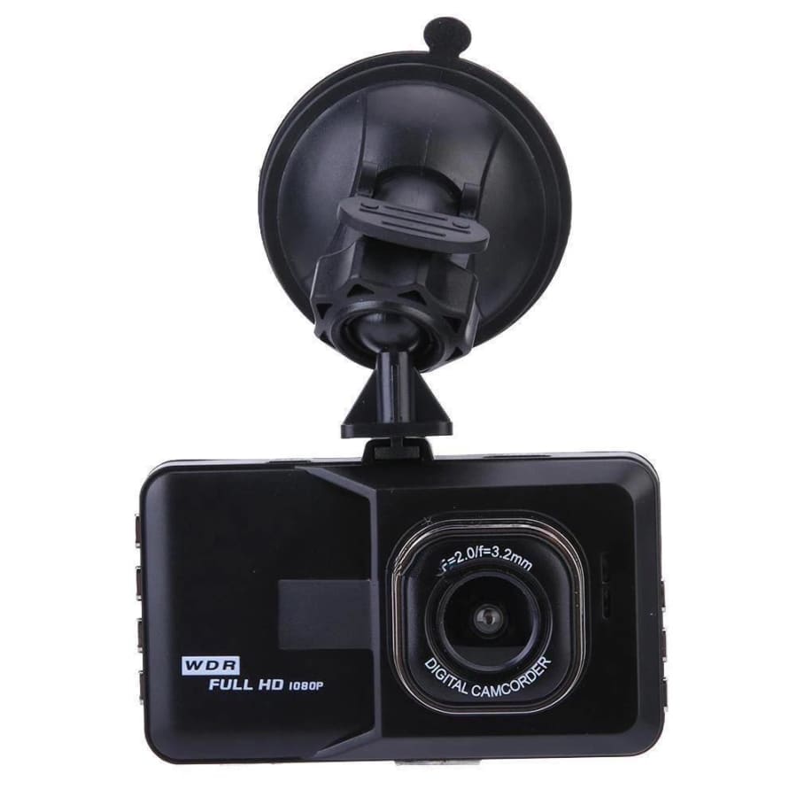9eight5 dash cam showing front view with adjustable mount, supporting 4GB to 32GB memory cards for vehicle recording.