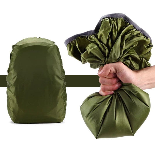 Army green 9eight5 waterproof backpack cover for 35L packs, providing protection from rain and moisture.