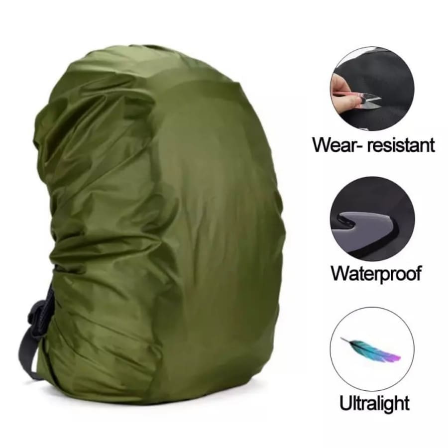 Army green waterproof backpack cover by 9eight5, designed to protect 35L backpacks from rain and moisture.