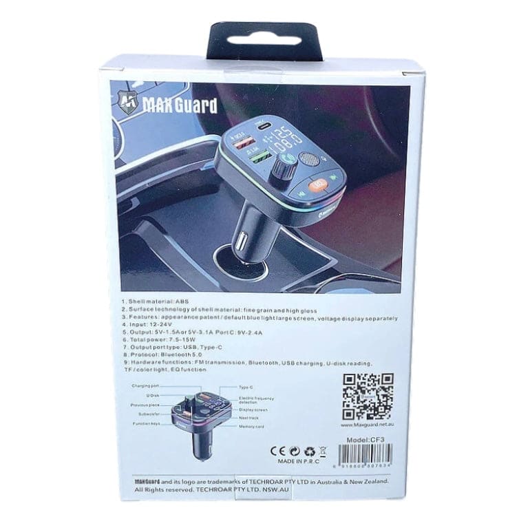 9eight5 Maxguard car charger and Bluetooth kit, electronic accessories shown connected to a vehicle's dashboard.
