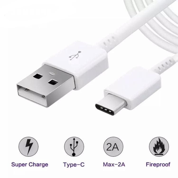 White 9eight5 USB to Type C 2m charger cable for Samsung devices, showing the cable with USB and Type C connectors.