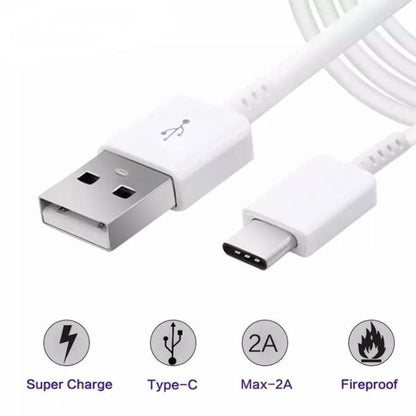 White 9eight5 USB to Type C 2m charger cable for Samsung devices, showing the cable with USB and Type C connectors.
