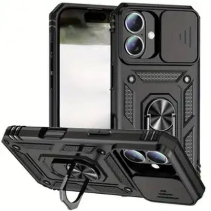 Black 9eight5 rugged armor case for iPhone 16 Plus (6.7 inch) with textured grip and reinforced edges.