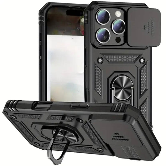 Black 9eight5 rugged armor case for iPhone 16 Pro Max 6.7-inch, designed for durable protection and sleek style.