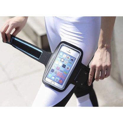 Black 9eight5 running armband for phone cases, designed for secure, comfortable phone carrying during exercise.
