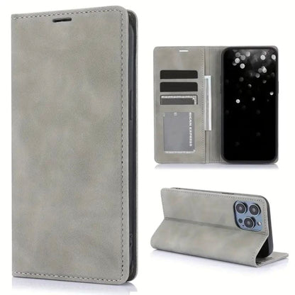 Brown flip case for iPhone 16 Plus by 9eight5, showing the front cover and slim design in a natural setting.