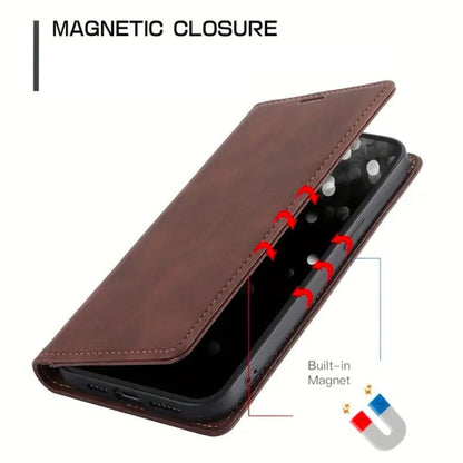 Brown flip case for iPhone 16 Plus by 9eight5, showing the front cover with card slots and precise cutouts for the phone.