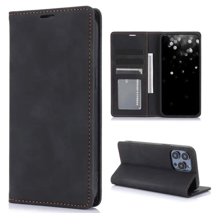 Brown 9eight5 flip case for iPhone 16 (6.1”) showcasing card slots and protective design, available in three colors.