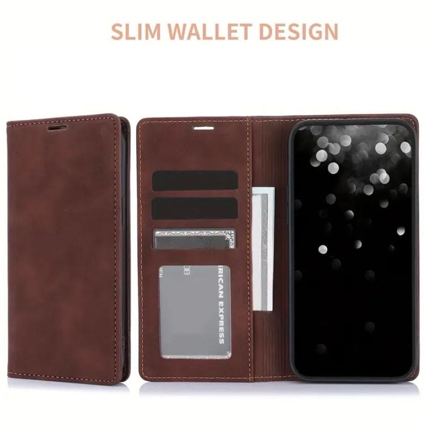 Brown 9eight5 flip case for iPhone 16 (6.1-inch), featuring a protective cover and card slot, available in three colors.