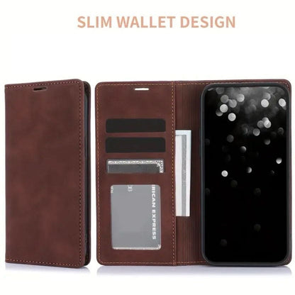 Brown 9eight5 flip case for iPhone 16 (6.1-inch), featuring a protective cover and card slot, available in three colors.