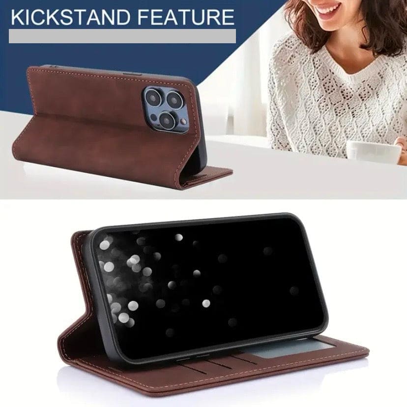 Brown flip case for iPhone 16 (6.1”) by 9eight5, showing front cover and side view of stylish phone case in natural setting.