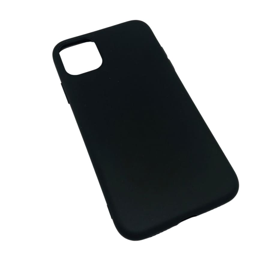 Black silicone phone case for iPhone 11 by 9eight5, showing smooth, flexible material and precise cutouts for buttons and camera.