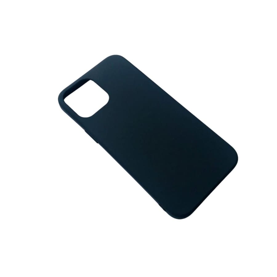 Black silicone case for iPhone 12 Pro Max 6.7-inch by 9eight5, showing a smooth, snug fit around the phone with precise cutouts.