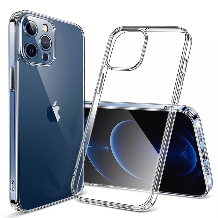 Clear 9eight5 iPhone 14 Pro Max case showing slim, transparent protection for 6.7-inch smartphone with precise cutouts.