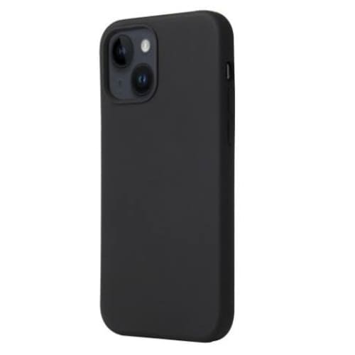 Black silicone case for iPhone 15 (6.1-inch) by 9eight5, shown on a sleek smartphone with a smooth, protective cover.