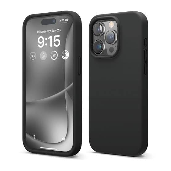 Black silicone phone case for iPhone 15 Pro 6.1-inch by 9eight5, showing a snug fit and soft texture.