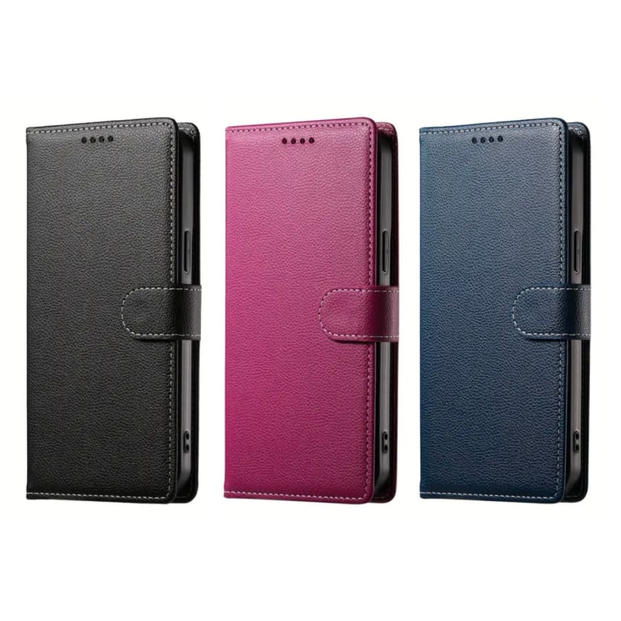 Black flip phone case by 9eight5 for iPhone 16e (6.1”), with open cover design, available in three colors.