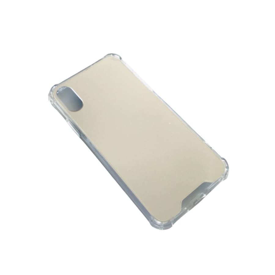 Silver mirror case for iPhone X and XS by 9eight5, showcasing sleek, reflective surface and snug fit on the phone.