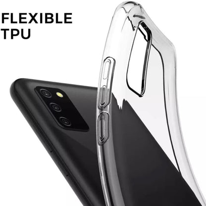Clear phone case for Samsung Galaxy A02S by 9eight5, showing a transparent, slim protective cover on the device.
