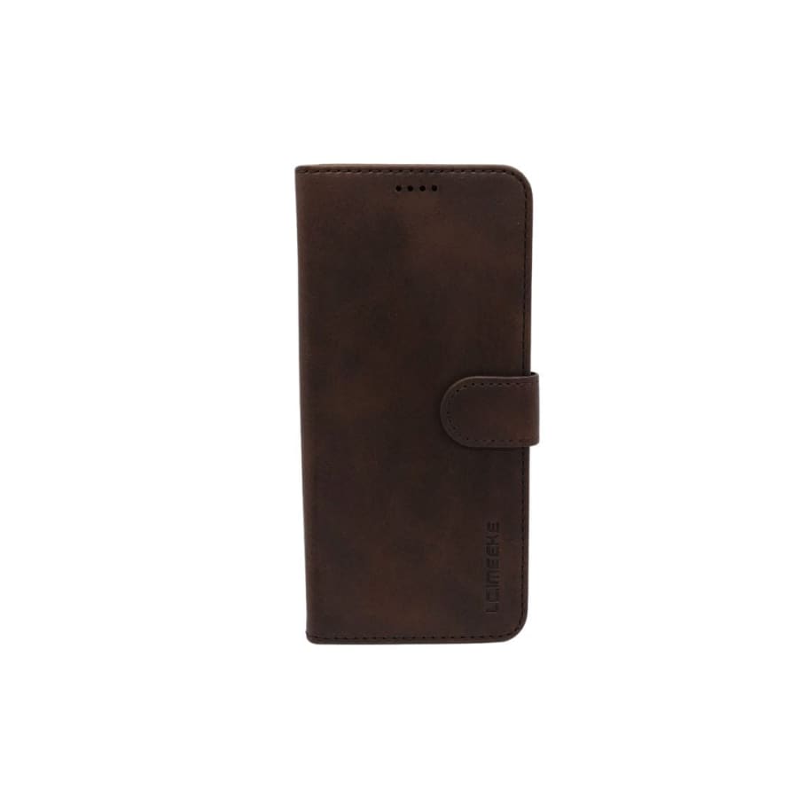 Brown synthetic leather flip case for Samsung Galaxy S20 by 9eight5, showing the front cover and phone inside.
