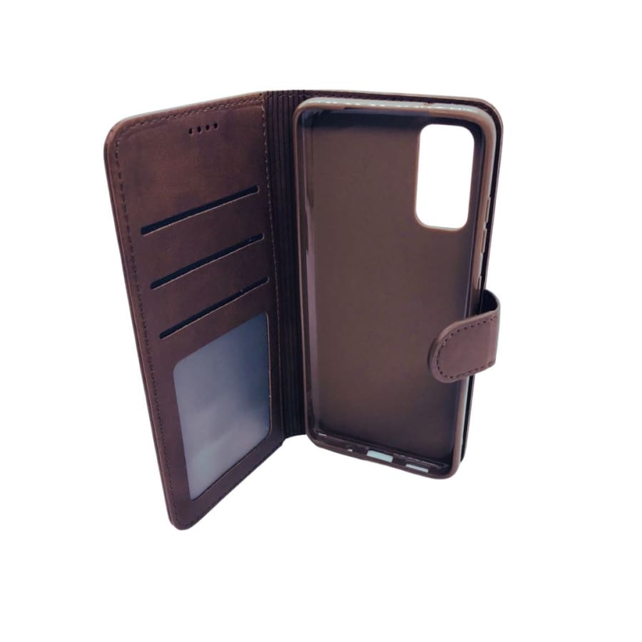 Brown synthetic leather flip case for Samsung Galaxy S20 by 9eight5, showing the front with fold-over closure and textured surface.
